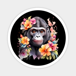 A gorilla decorated with beautiful watercolor flowers Magnet